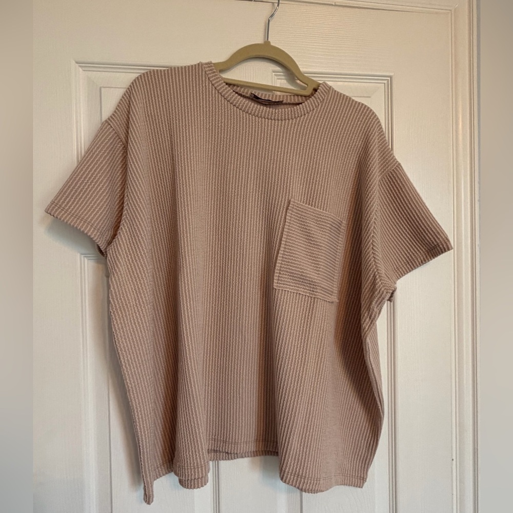 Zenana Outfitters Short-Sleeve Waffle Knit Pocket Top - Mocha